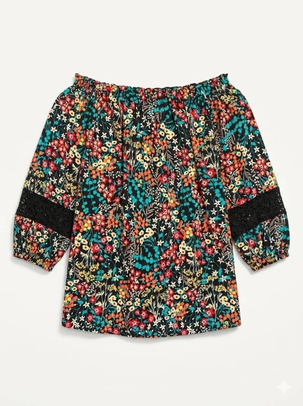 🔺New York & Co Black Multicolored Floral Off Shoulder 3/4 Sleeve Top Small